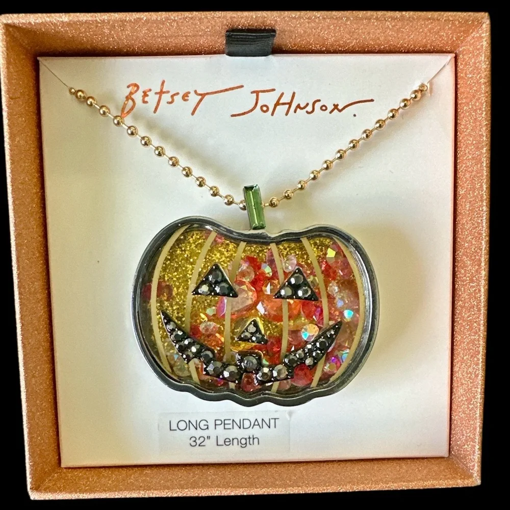Betsey Johnson Pumpkin Fall Halloween Pendant Necklace 32” Gold Chain NW🎃 - Picture 1 of 6